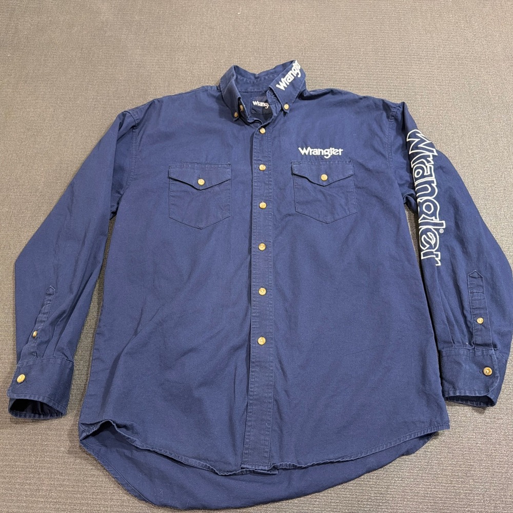 Wrangler Button Down Shirt Cowboy Spell Out Logo Embroidery‎ Size Medium